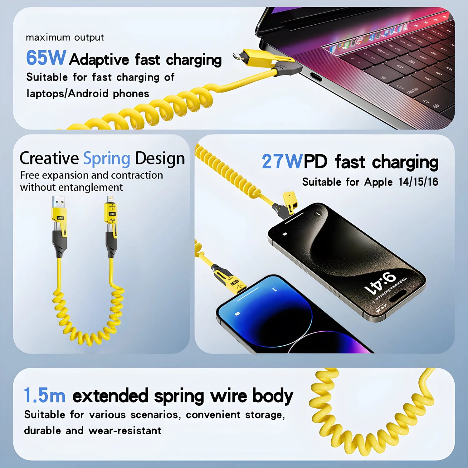 65W Quick Charger Spring USB Cable 4 in 1 Spring Data Cable 6A USB Type C Spring Telescopic Wire for iPhone iPad MacBook Huawei