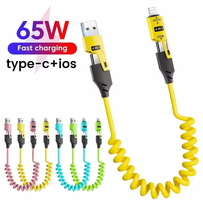 65W Quick Charger Spring USB Cable 4 in 1 Spring Data Cable 6A USB Type C Spring Telescopic Wire for iPhone iPad MacBook Huawei